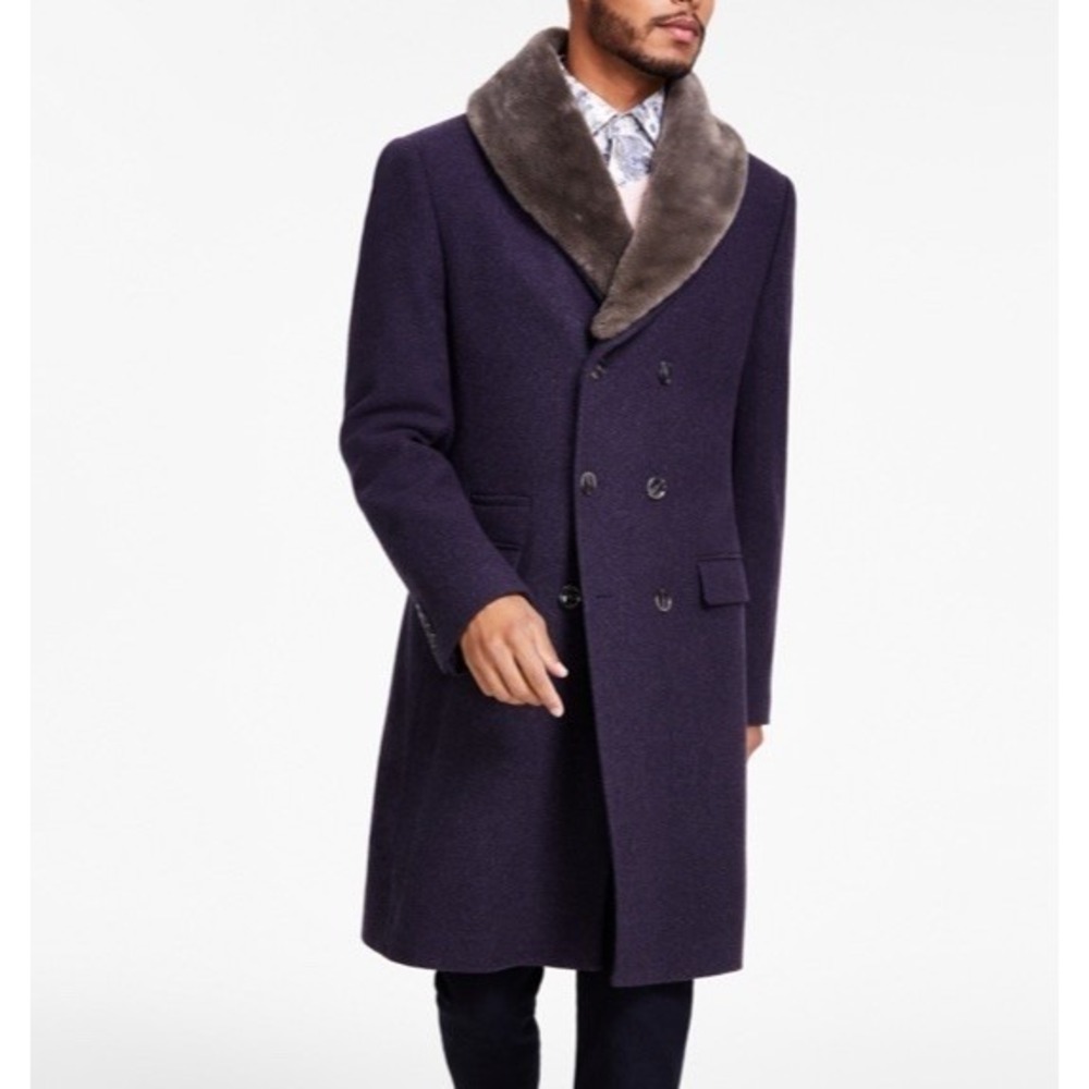 Tayion Collection Mens Classic-Fit Double-Breasted Fur Collar Overcoat 38R Purpl